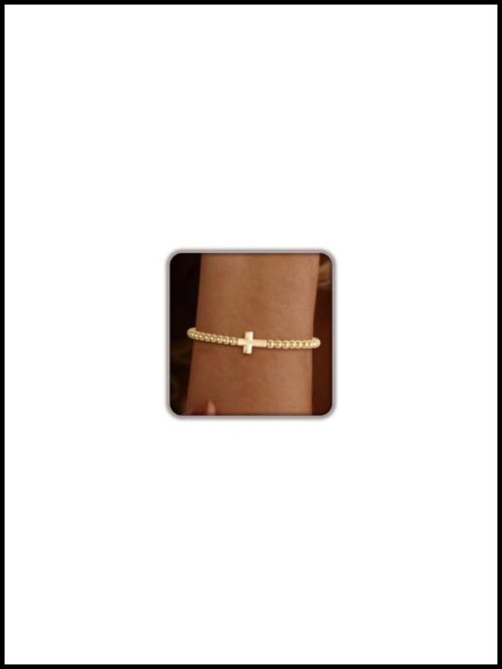 14K Gold Plated Stretch Beaded Cross Bracelet Stackable Non Tarnish